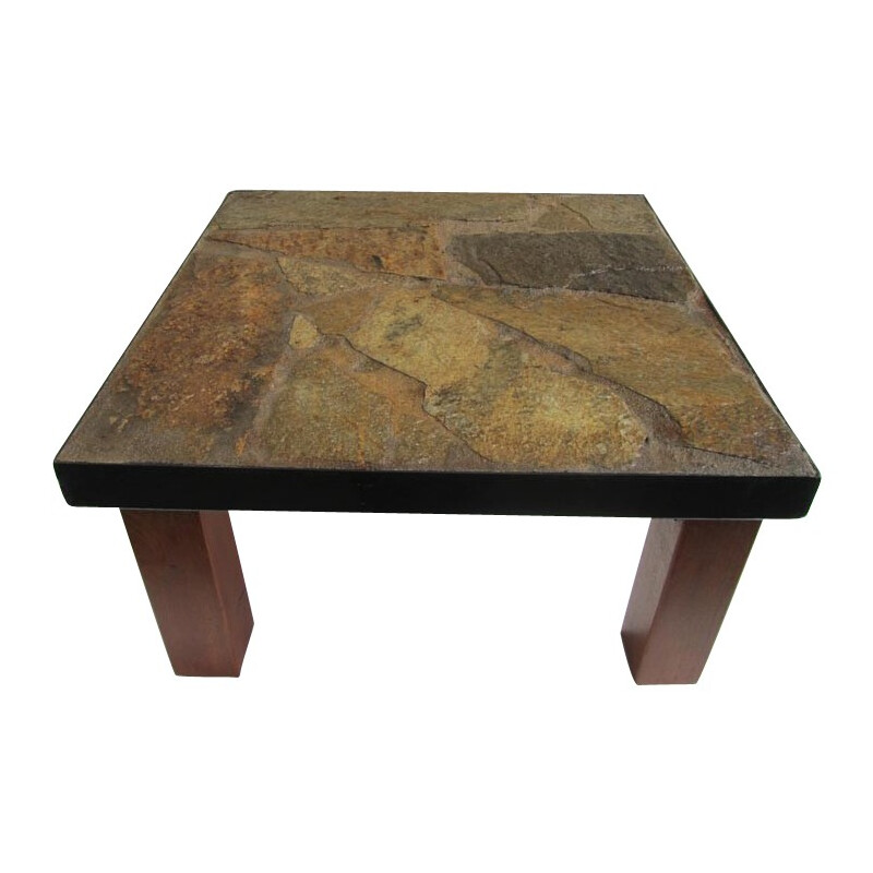 Table basse vintage en pierre, bois et fer - 1970