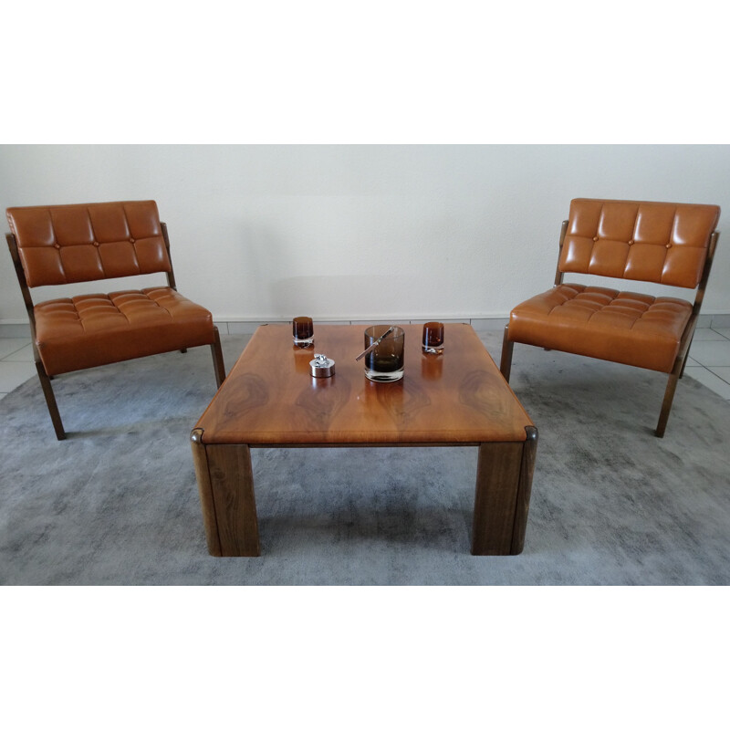 Suite of 5 low chairs made of leatherette and wood - 1970s