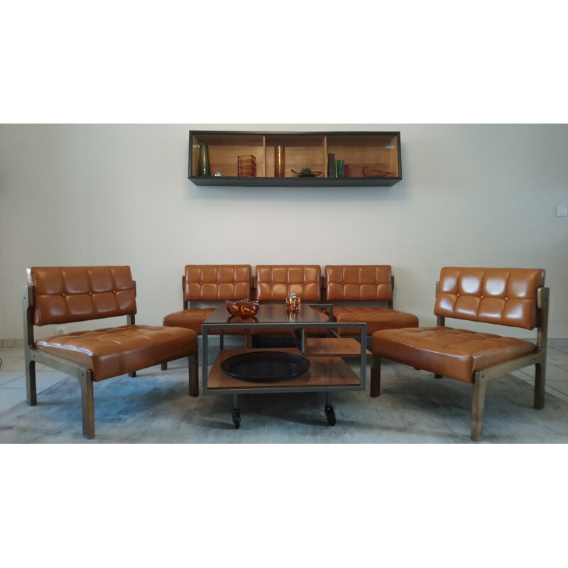 Suite of 5 low chairs made of leatherette and wood - 1970s