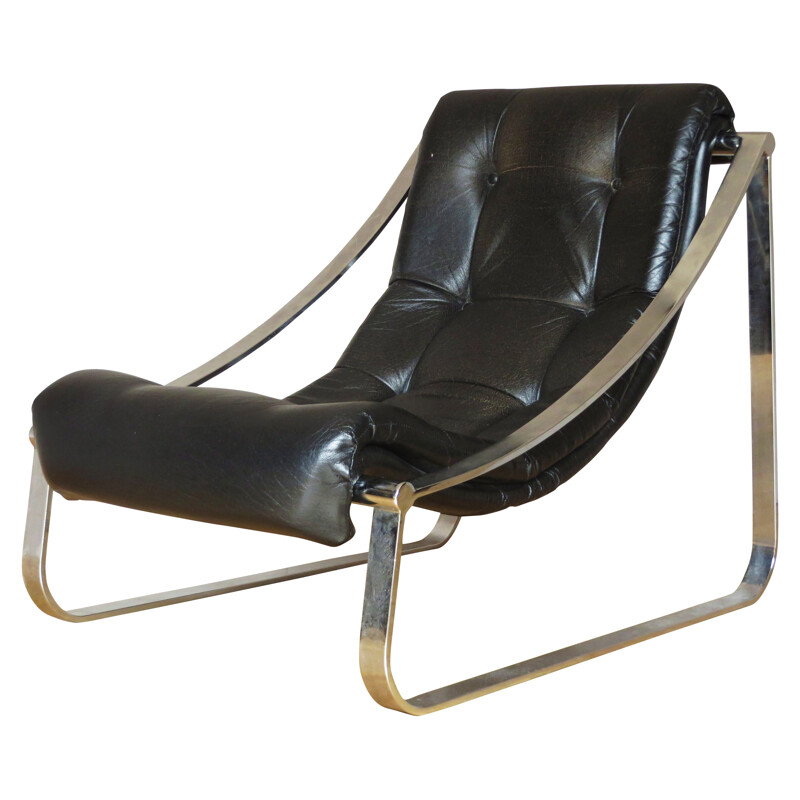 Fauteuil lounge en acier et simili cuir noir - 1970