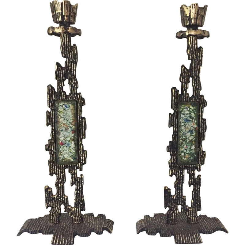 Vintage pair of brutalist candlesticks enamelled metal - 1970s