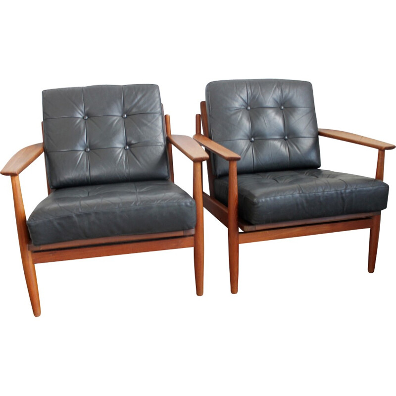 Set of 2 teak and leather easy chairs - 1960s