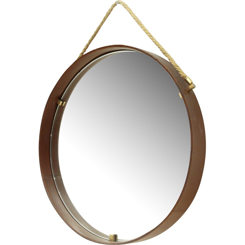 Leather and brass round mirror by Pizzetti - 1950s
