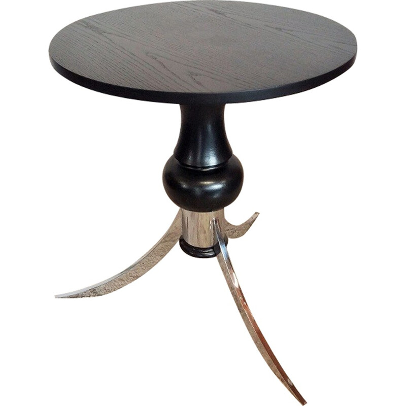 Table guéridon vintage en bois et chrome - 1970