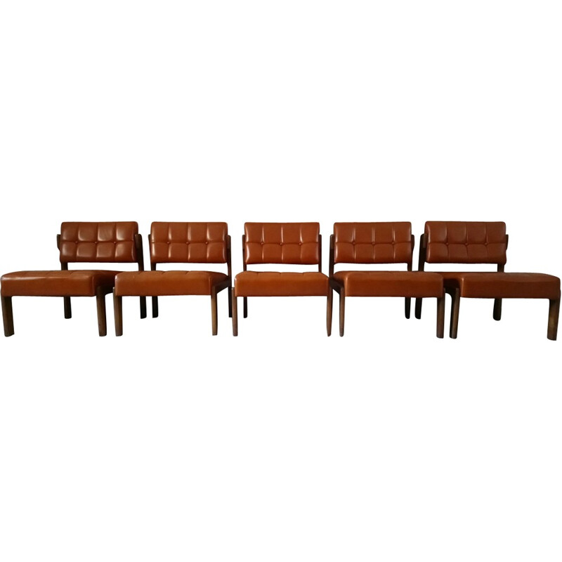 Suite of 5 low chairs made of leatherette and wood - 1970s