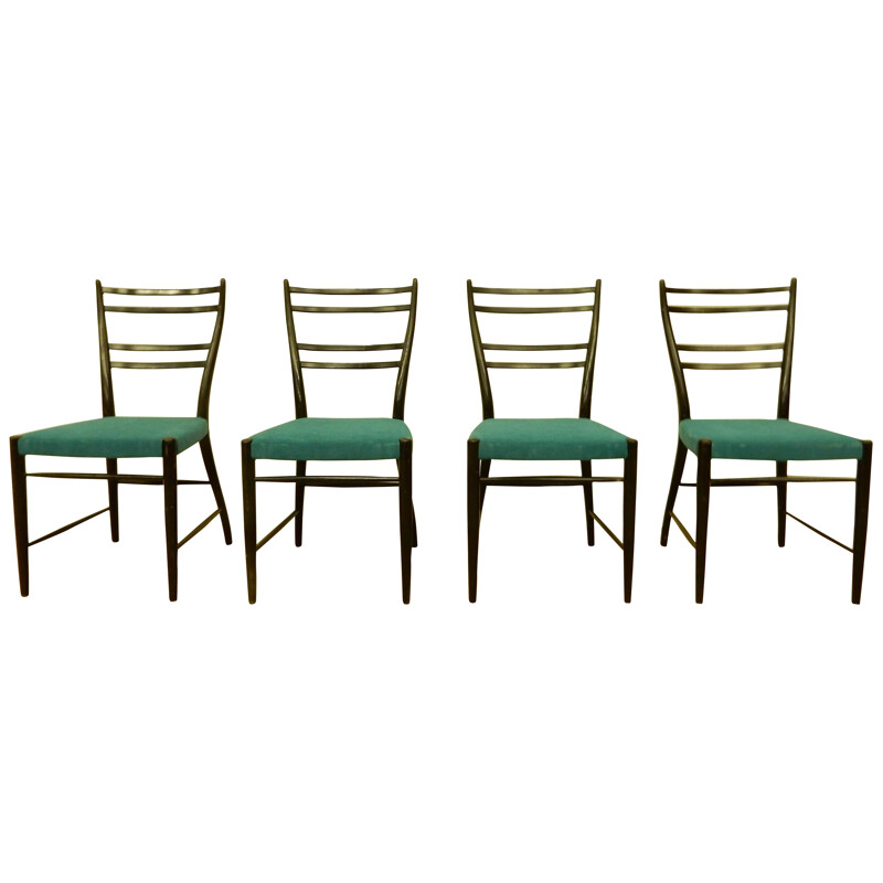Set of 4 scandinavian chairs in dark lacquered wood and electric blue fabric - 1960s