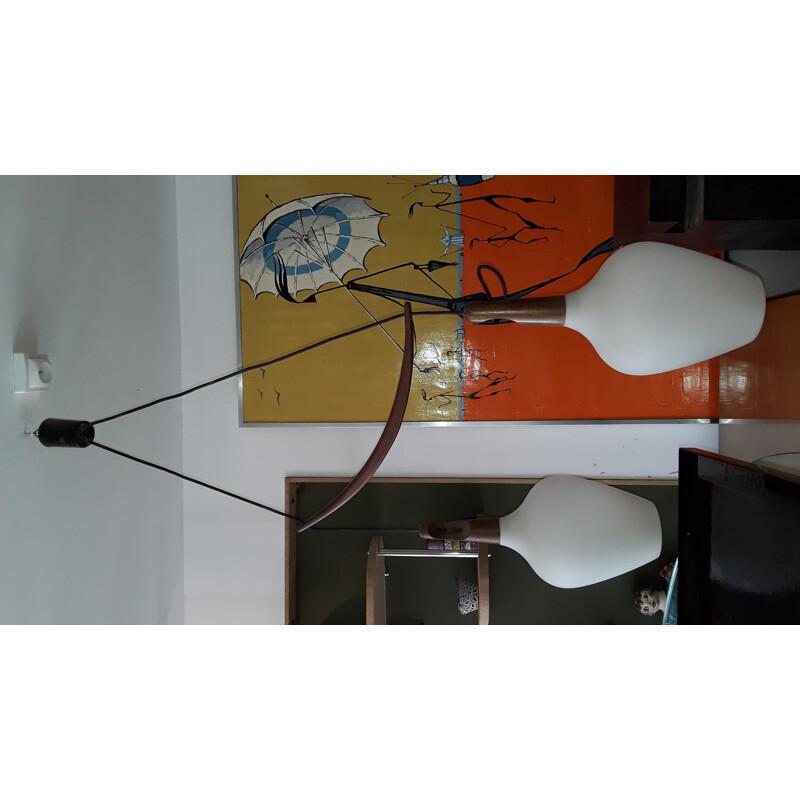 Vintage Swedish pendant lamp in mahogany and opaline glass - 1950s
