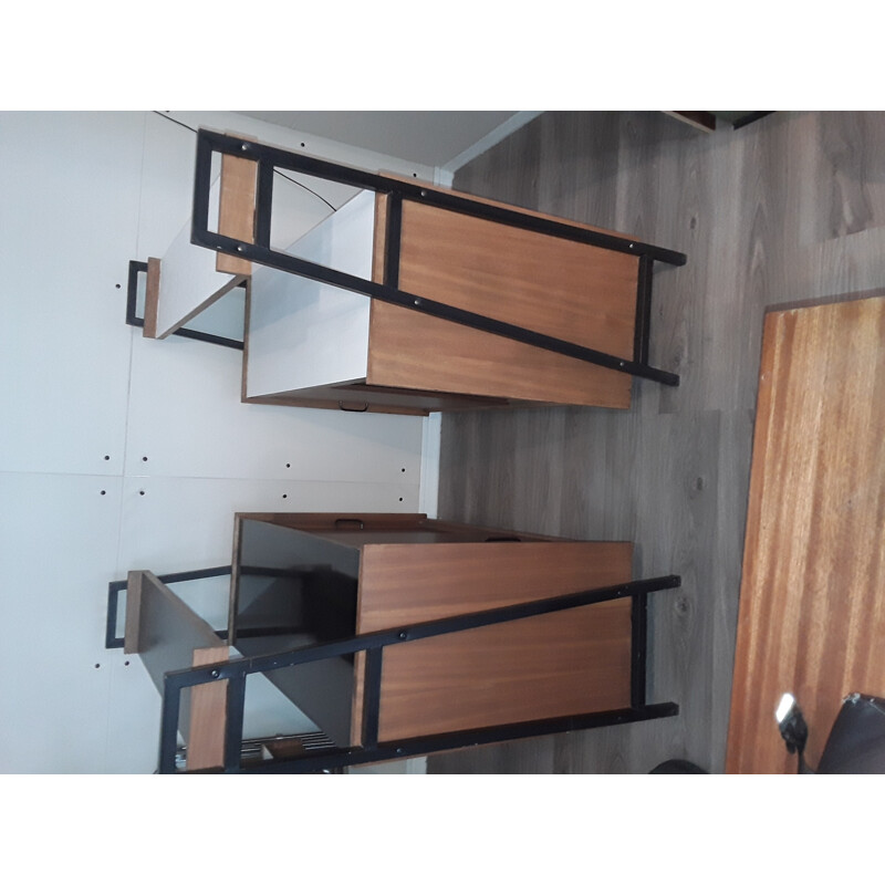 Pair of vintage furniture with black lacquered credenza by Pierre Guariche, 1950