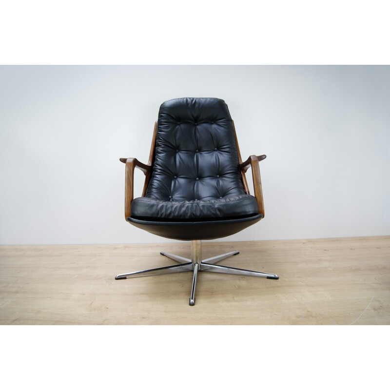 Vintage Leather and Teak Swivel Chair - 1960s