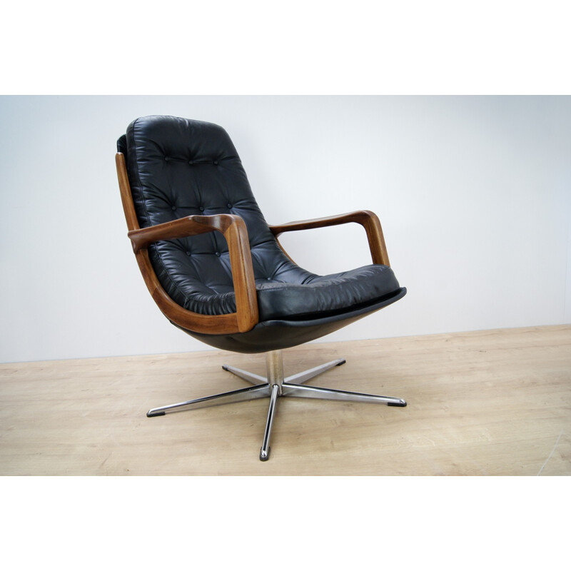 Chaise vintage pivotante en cuir et en teck - 1960