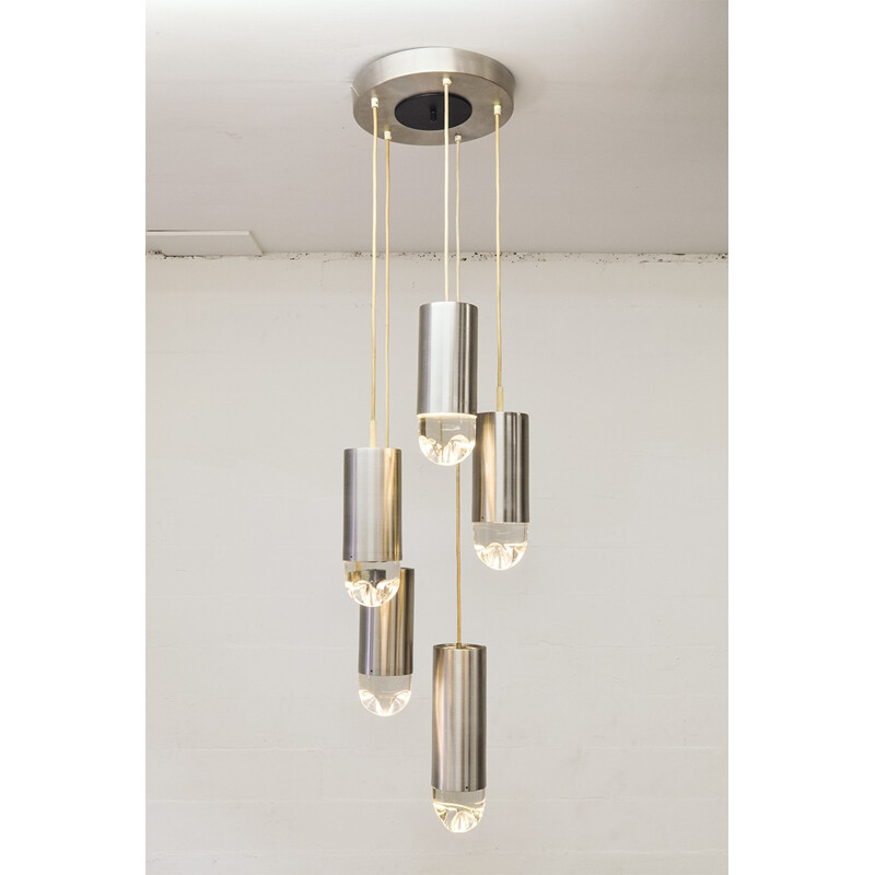 Vintage crystal glass and brushed steel chandelier for Raak, The Netherlands 1960