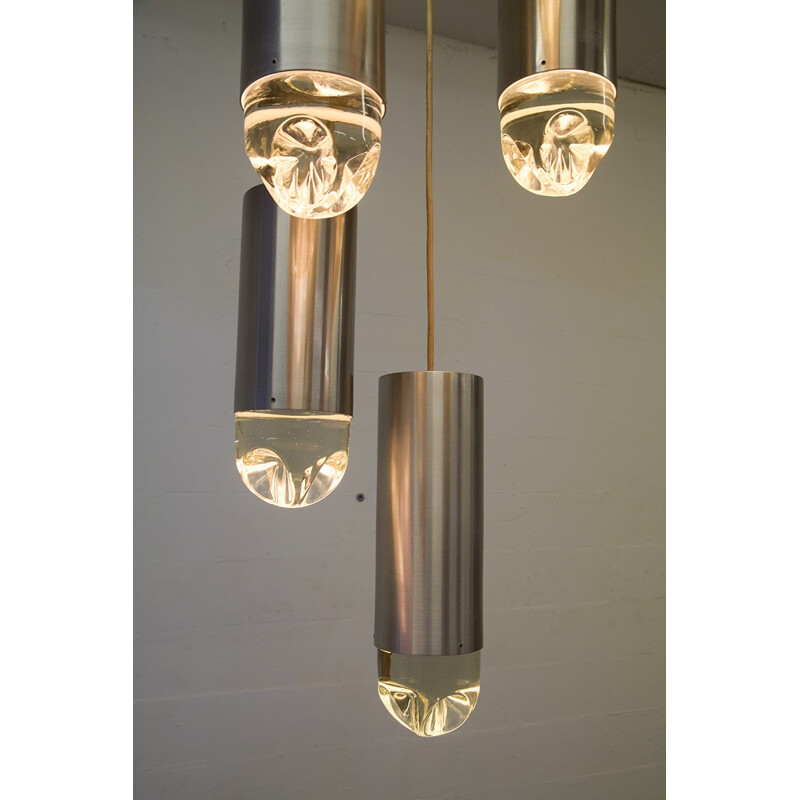 Vintage crystal glass and brushed steel chandelier for Raak, The Netherlands 1960