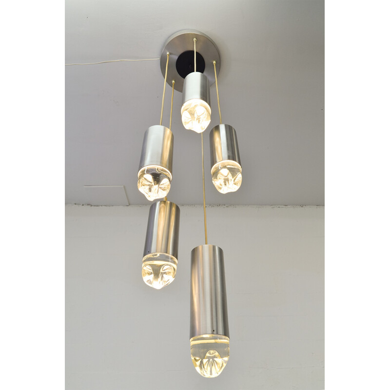 Vintage crystal glass and brushed steel chandelier for Raak, The Netherlands 1960