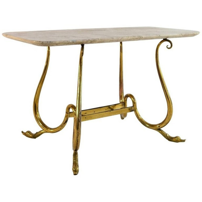 Elegant vintage cocktail table with swan legs and neutral beige marble, Italy 1950