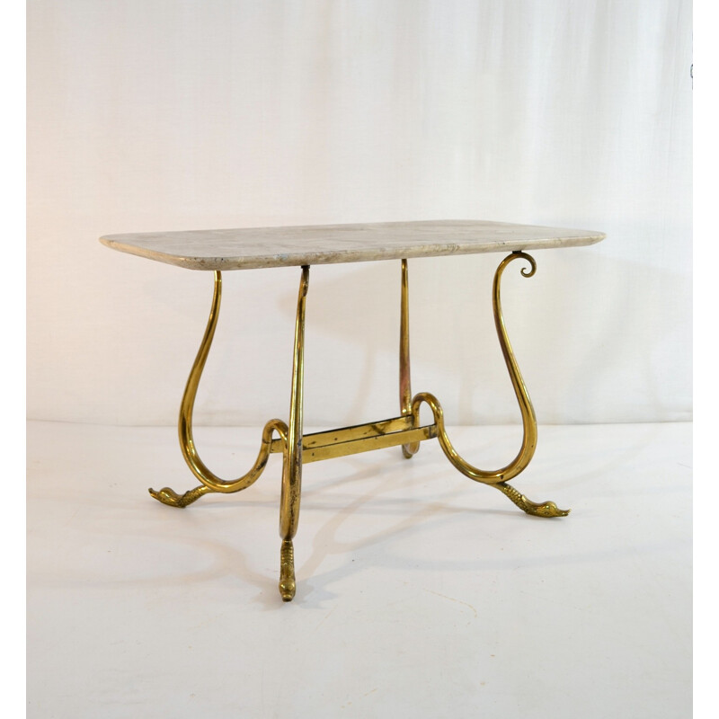 Elegant vintage cocktail table with swan legs and neutral beige marble, Italy 1950