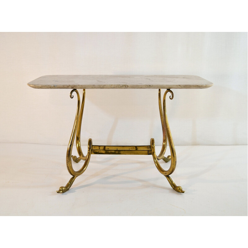 Elegant vintage cocktail table with swan legs and neutral beige marble, Italy 1950