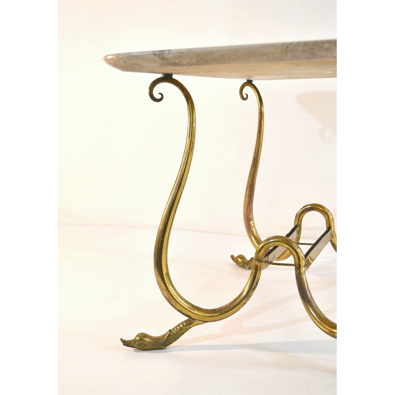 Elegant vintage cocktail table with swan legs and neutral beige marble, Italy 1950