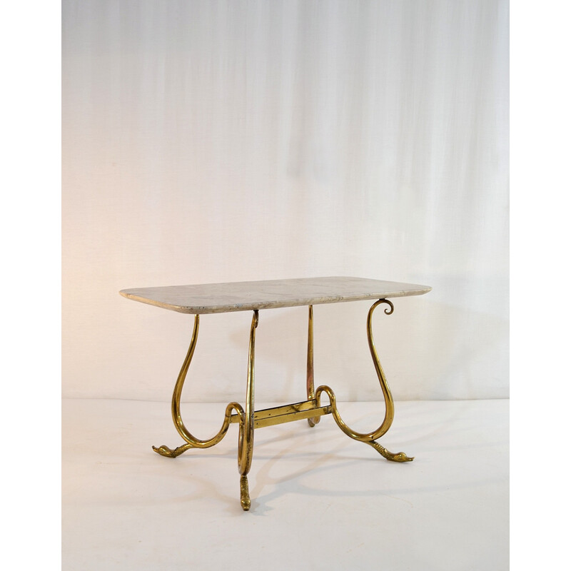 Elegante mesa de cóctel vintage con patas de cisne y mármol beige neutro, Italia 1950