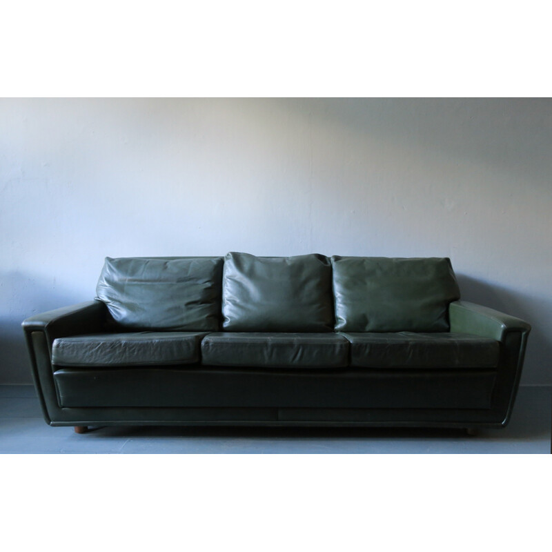 Profilia Vintage Green Leather 3-Seater Sofa - 1960s