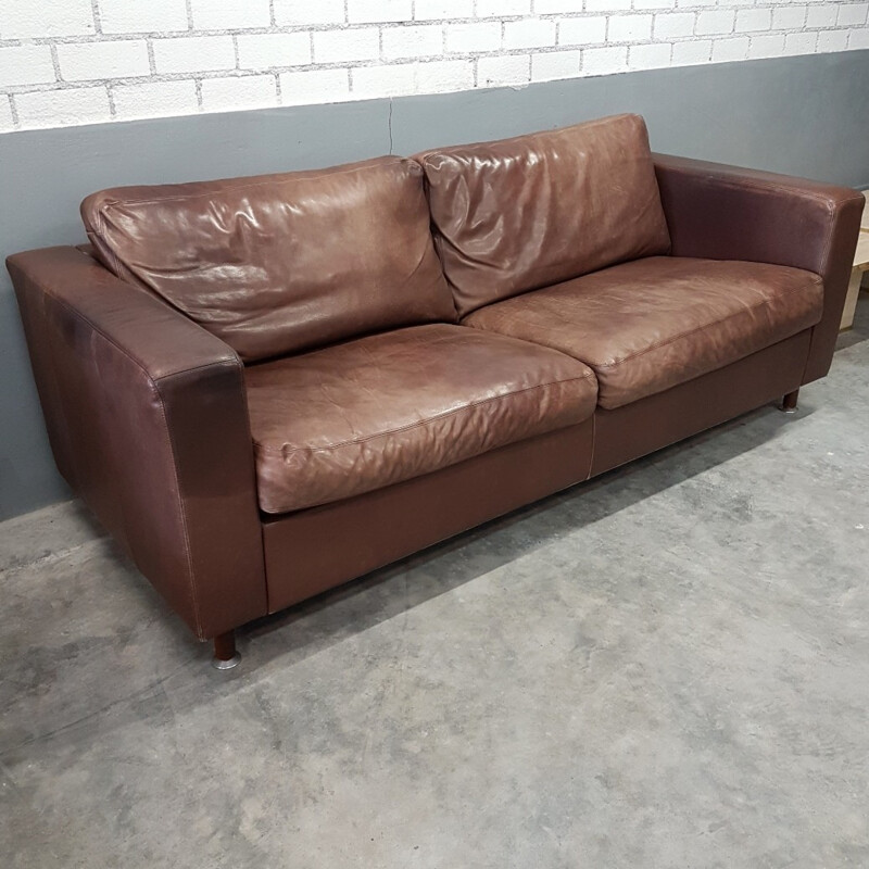 Brown thick high quality leather 3 seater sofa by Molinari - 1990s