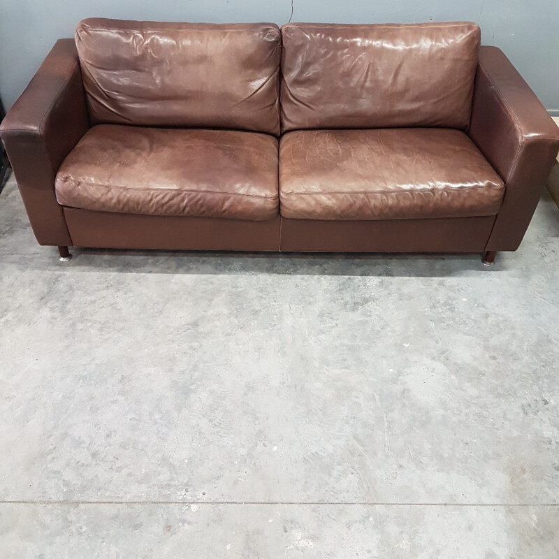 Brown thick high quality leather 3 seater sofa by Molinari - 1990s