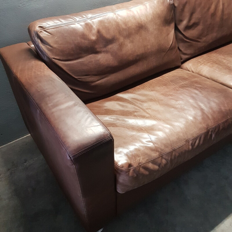 Brown thick high quality leather 3 seater sofa by Molinari - 1990s