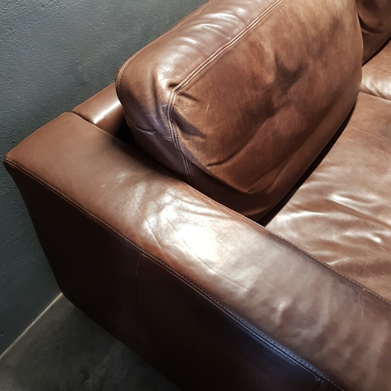 Brown thick high quality leather 3 seater sofa by Molinari - 1990s