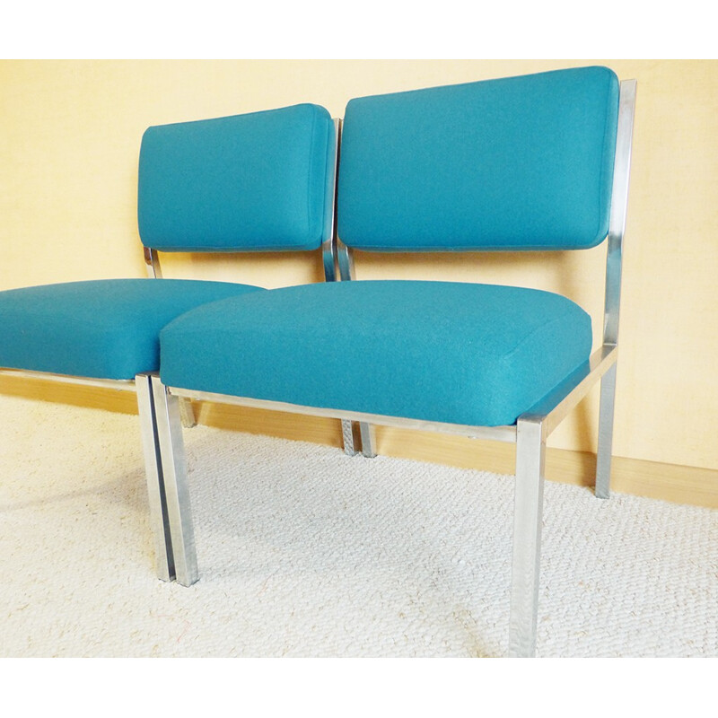 Pair of low chairs in metal and blue wool - 1980s