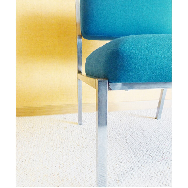 Paar vintage metalen en blauwe wollen fauteuils - 1980