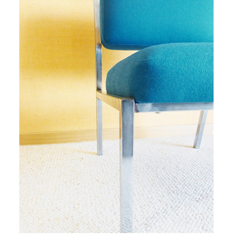 Pair of low chairs in metal and blue wool - 1980s