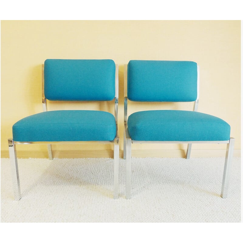 Pair of low chairs in metal and blue wool - 1980s