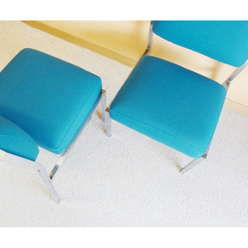 Pair of low chairs in metal and blue wool - 1980s