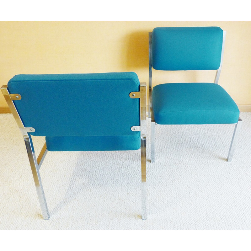 Pair of low chairs in metal and blue wool - 1980s