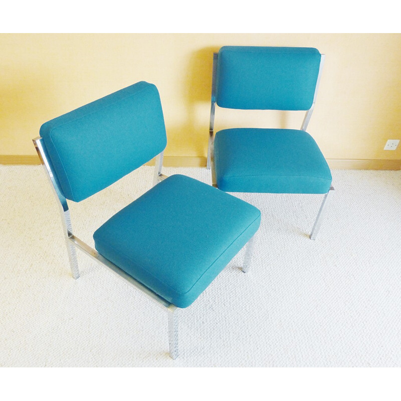 Paar vintage metalen en blauwe wollen fauteuils - 1980