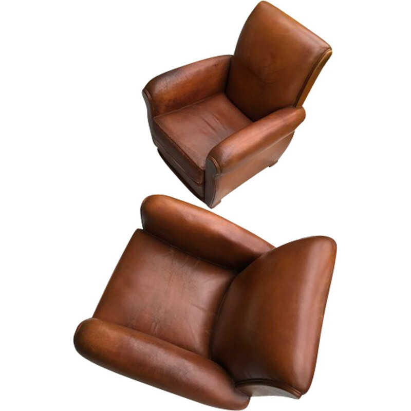 Vintage pair of vintage "Club" cognac leather armchairs - 1960s
