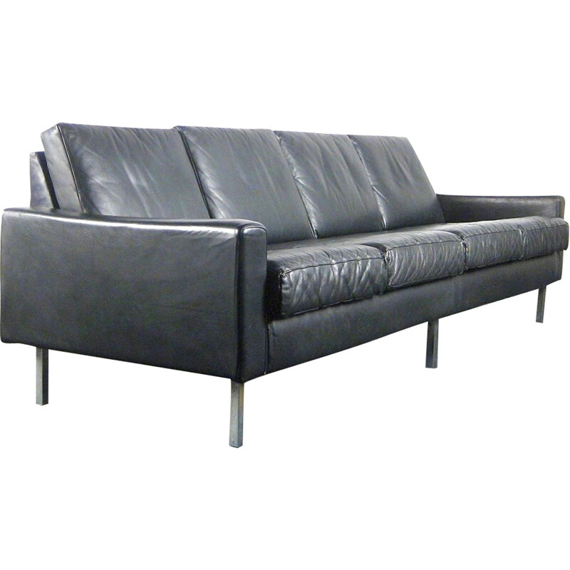 Black 4 seater sofa fully leather and chrome - 1960s