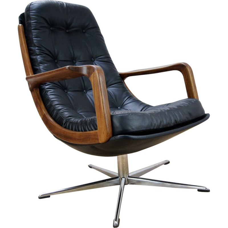 Vintage Leather and Teak Swivel Chair - 1960s