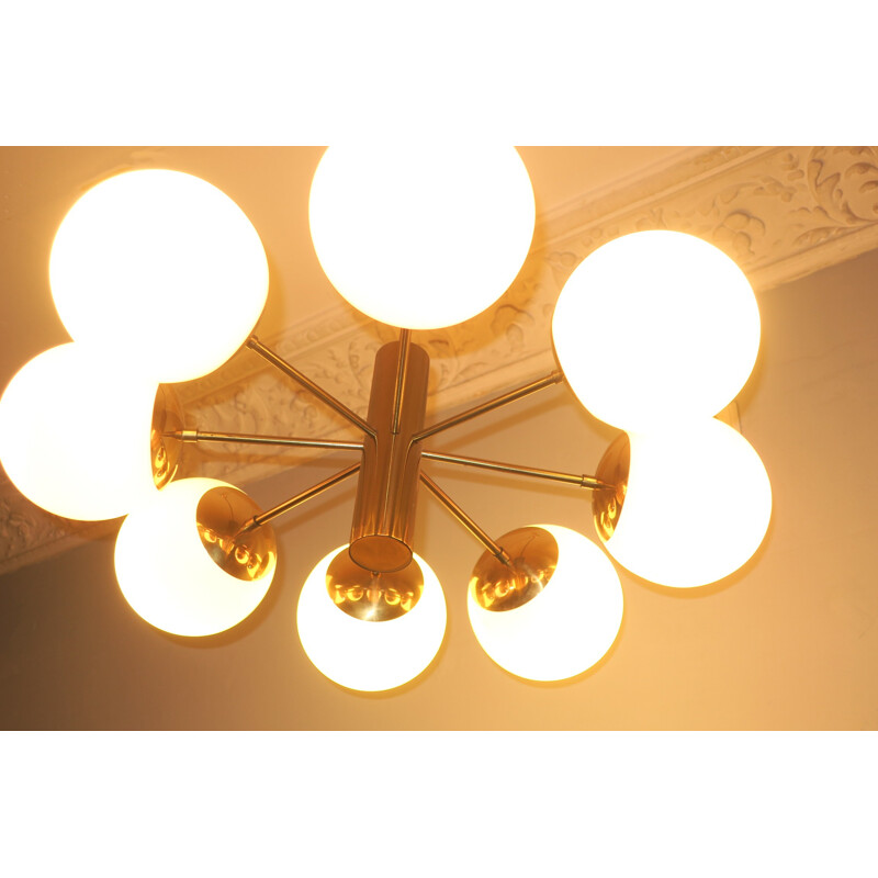 Vintage Italian Brass and Glass Chandelier with Eight Radiating Arms - 1970s