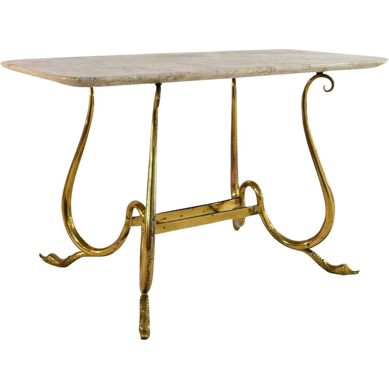 Elegant vintage cocktail table with swan legs and neutral beige marble, Italy 1950