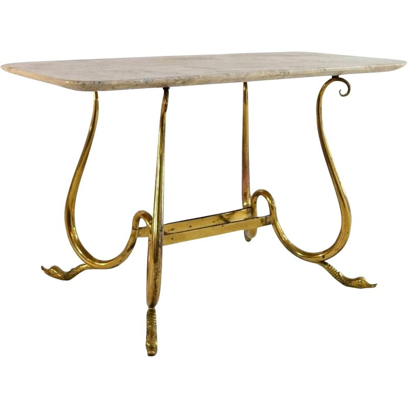 Table de cocktail vintage élégant avec pieds de cygne et en marbre beige neutre, Italie 1950