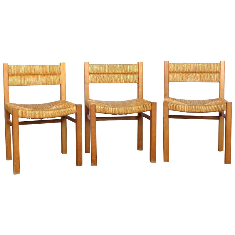 Set of 3 chairs in wood and straws, Pierre GAUTIER DELAYE - 1960s
