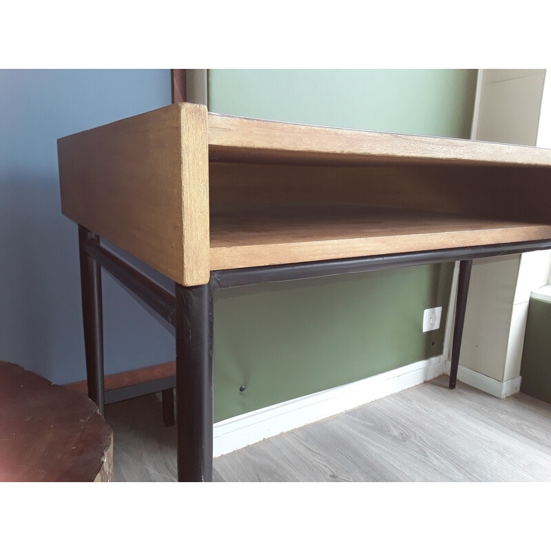 Vintage blond mahogany desk with black metal legs by Pierre Guariche, 1955