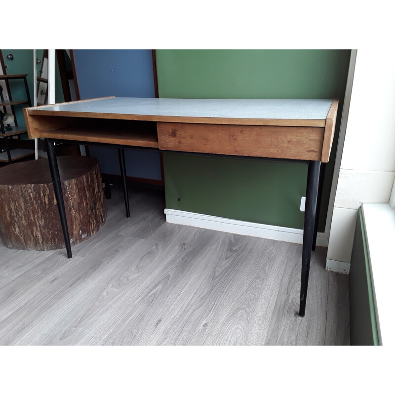 Vintage blond mahogany desk with black metal legs by Pierre Guariche, 1955