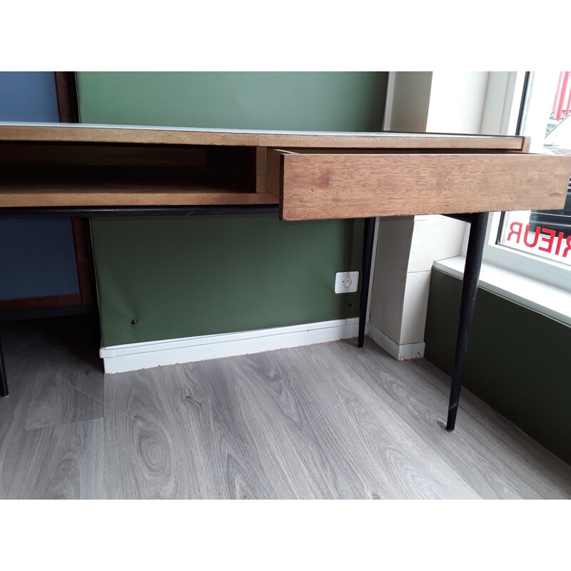 Vintage blond mahogany desk with black metal legs by Pierre Guariche, 1955