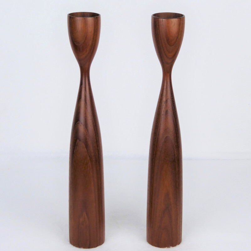 Pair of Scandinavian teak candlesticks - 1960s 