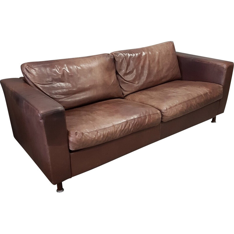 Brown thick high quality leather 3 seater sofa by Molinari - 1990s