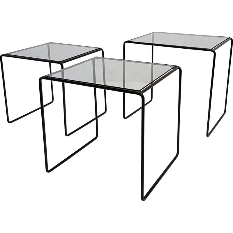 Set of 3 vintage nesting tables in black metal and glass - 1970s