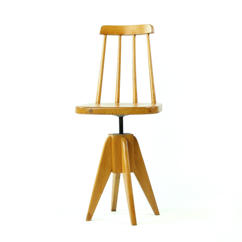 Vintage wooden swivel stool with backrest, Czechoslovakia - 1960s