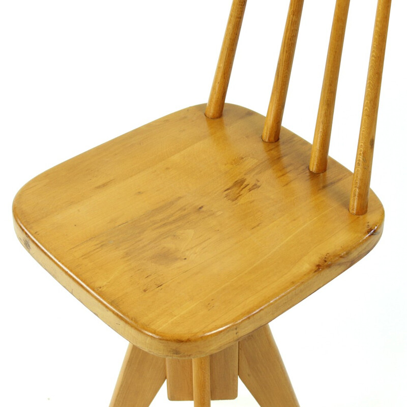 Vintage wooden swivel stool with backrest, Czechoslovakia - 1960s