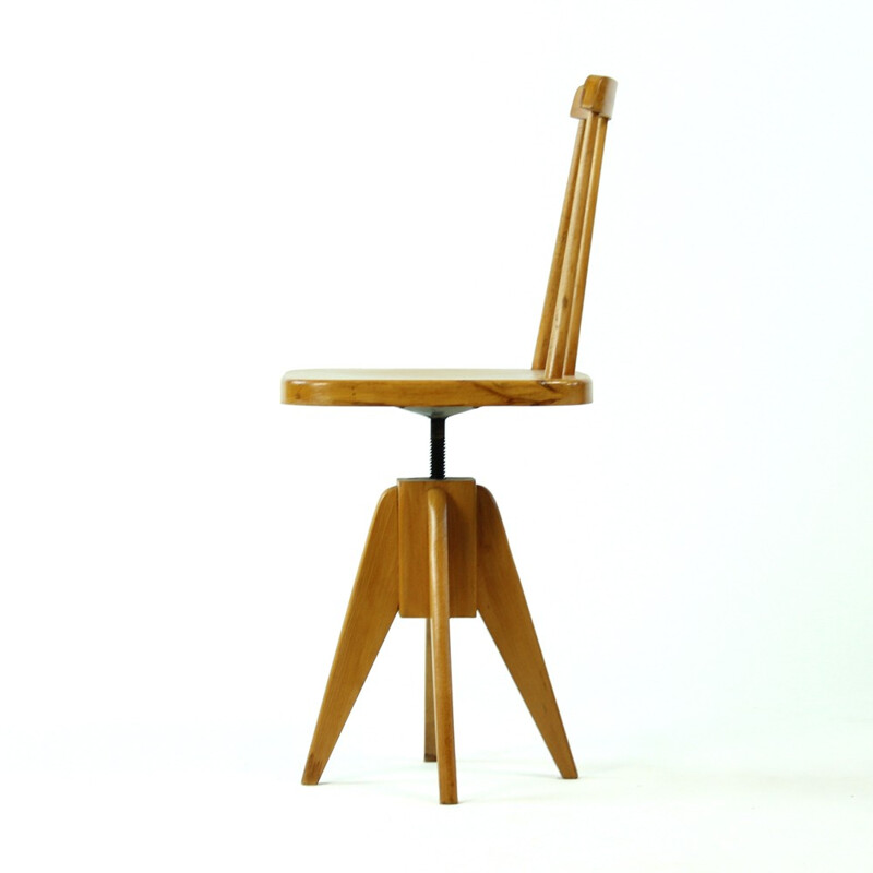 Vintage wooden swivel stool with backrest, Czechoslovakia - 1960s